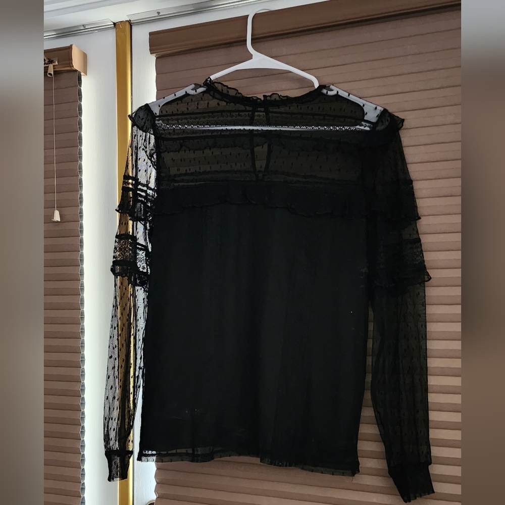 Express Women's Black Lace type Blouse, Sheer Tapered Sleeves Size M Gently Used